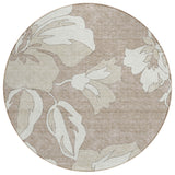 8' Taupe Beige And Ivory Round Floral Washable Indoor Outdoor Area Rug
