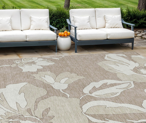 8' X 10' Taupe Beige And Ivory Floral Washable Indoor Outdoor Area Rug