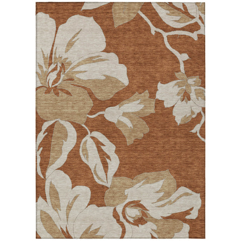 5' X 8' Terra Cotta And Beige Floral Washable Indoor Outdoor Area Rug