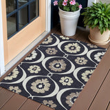 3' X 5' Black Ivory And Taupe Medallion Washable Indoor Outdoor Area Rug
