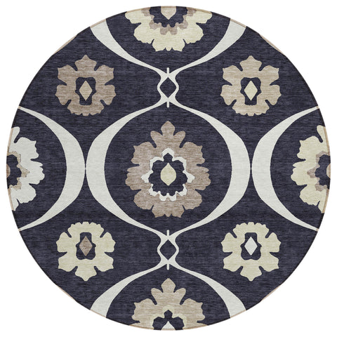 8' Black Ivory And Taupe Round Medallion Washable Indoor Outdoor Area Rug