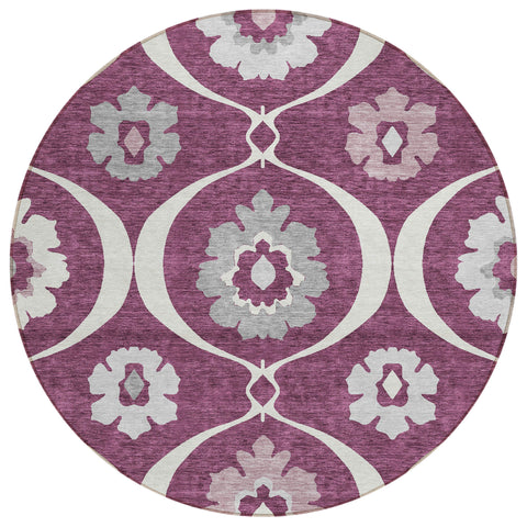 8' Eggplant Ivory And Gray Round Medallion Washable Indoor Outdoor Area Rug
