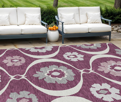 8' X 10' Eggplant Ivory And Gray Medallion Washable Indoor Outdoor Area Rug
