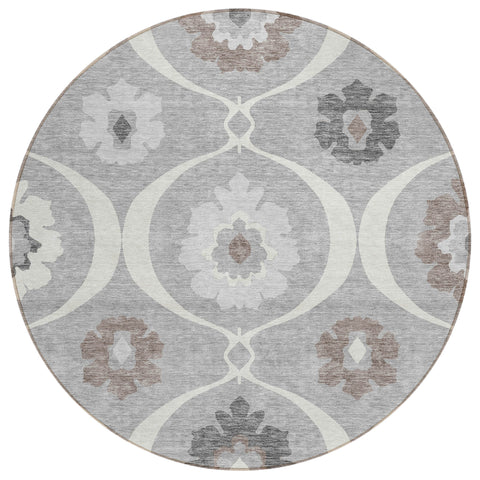 8' Gray Charcoal And Brown Round Medallion Washable Indoor Outdoor Area Rug