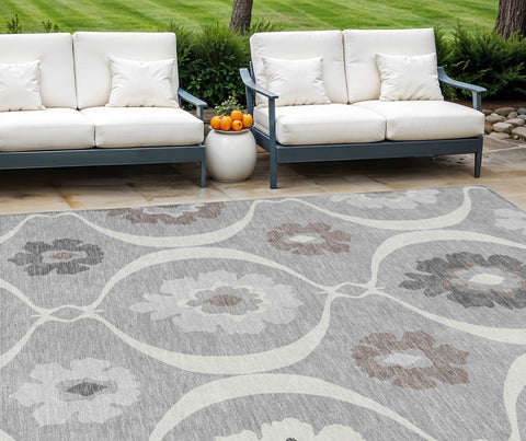 8' X 10' Gray Charcoal And Brown Medallion Washable Indoor Outdoor Area Rug