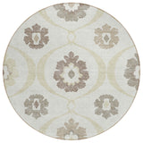 8' Ivory Taupe And Brown Round Medallion Washable Indoor Outdoor Area Rug