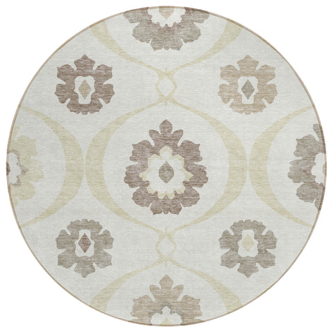 8' Ivory Taupe And Brown Round Medallion Washable Indoor Outdoor Area Rug