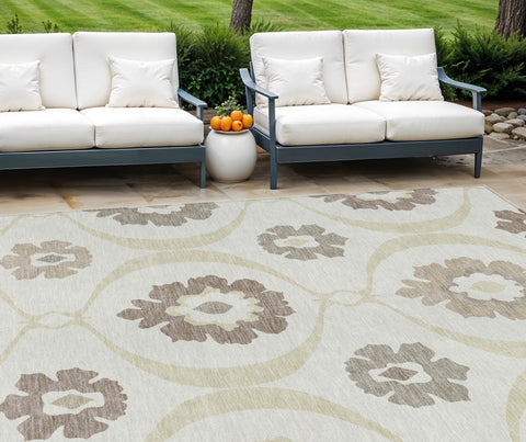 8' X 10' Ivory Taupe And Brown Medallion Washable Indoor Outdoor Area Rug