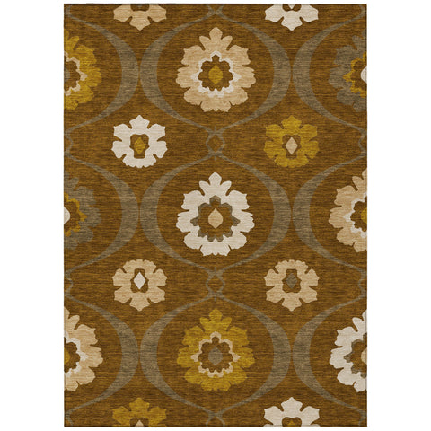 5' X 8' Brown Beige And Gold Medallion Washable Indoor Outdoor Area Rug