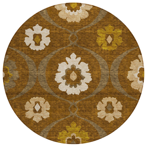 8' Brown Beige And Gold Round Medallion Washable Indoor Outdoor Area Rug
