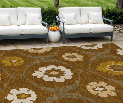 8' X 10' Brown Beige And Gold Medallion Washable Indoor Outdoor Area Rug
