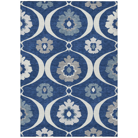 3' X 5' Navy Blue And Ivory Medallion Washable Indoor Outdoor Area Rug