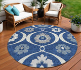8' Navy Blue And Ivory Round Medallion Washable Indoor Outdoor Area Rug