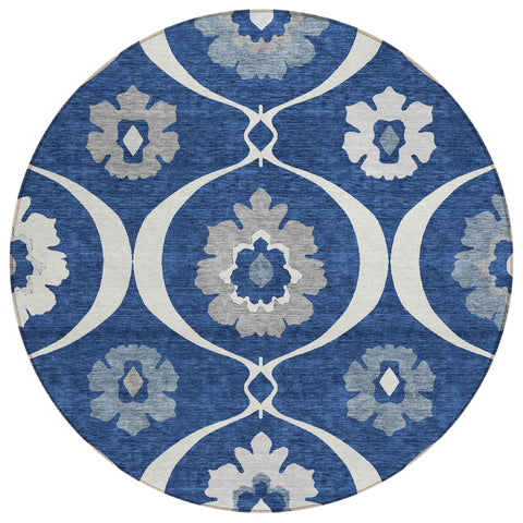 8' Navy Blue And Ivory Round Medallion Washable Indoor Outdoor Area Rug