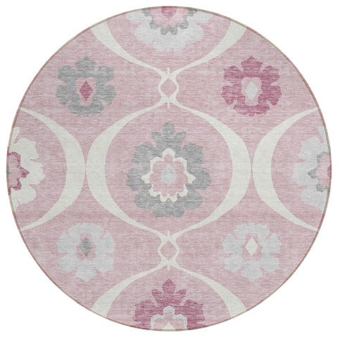 8' Pink Blush And Gray Round Medallion Washable Indoor Outdoor Area Rug