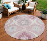 8' Pink Blush And Gray Round Medallion Washable Indoor Outdoor Area Rug