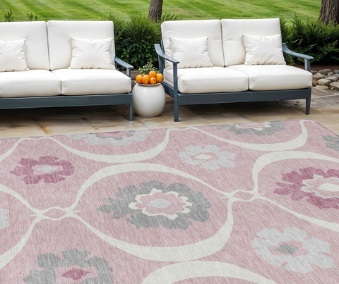 8' X 10' Pink Blush And Gray Medallion Washable Indoor Outdoor Area Rug