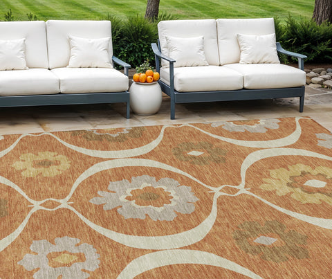 8' X 10' Orange Copper And Gray Medallion Washable Indoor Outdoor Area Rug