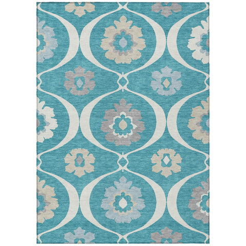 5' X 8' Teal Blue Gray And Beige Medallion Washable Indoor Outdoor Area Rug