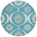 8' Teal Blue Gray And Beige Round Medallion Washable Indoor Outdoor Area Rug