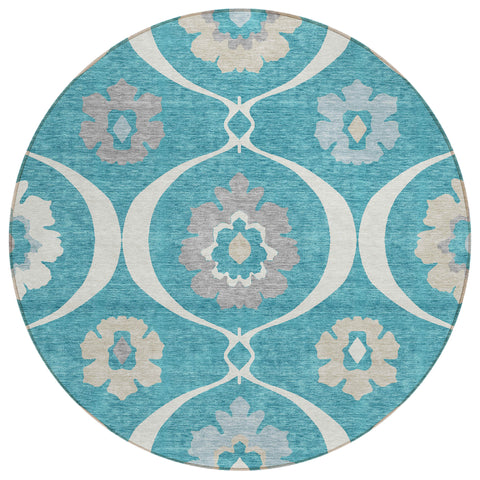 8' Teal Blue Gray And Beige Round Medallion Washable Indoor Outdoor Area Rug