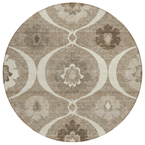 8' Taupe Brown And Ivory Round Medallion Washable Indoor Outdoor Area Rug