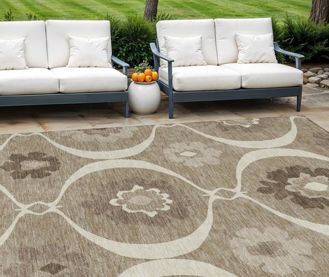 8' X 10' Taupe Brown And Ivory Medallion Washable Indoor Outdoor Area Rug