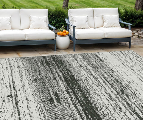 8' X 10' Black Ivory And Gray Striped Washable Indoor Outdoor Area Rug