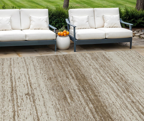 8' X 10' Brown And Beige Striped Washable Indoor Outdoor Area Rug