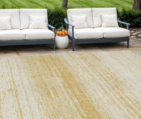 8' X 10' Gold And Ivory Striped Washable Indoor Outdoor Area Rug