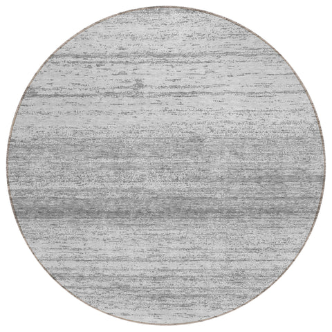 8' Gray And Silver Round Striped Washable Indoor Outdoor Area Rug