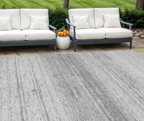 8' X 10' Gray And Silver Striped Washable Indoor Outdoor Area Rug