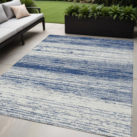5' X 8' Navy Blue And Ivory Striped Washable Indoor Outdoor Area Rug