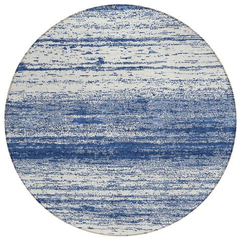 8' Navy Blue And Ivory Round Striped Washable Indoor Outdoor Area Rug