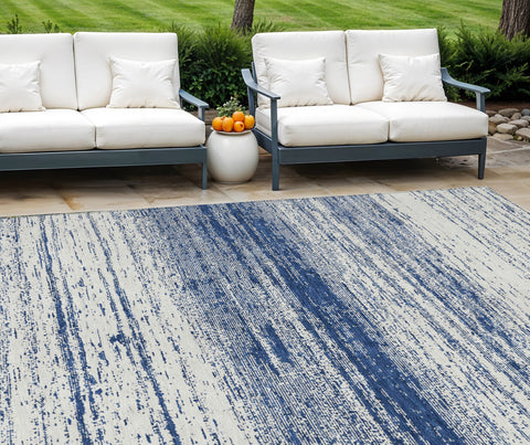 8' X 10' Navy Blue And Ivory Striped Washable Indoor Outdoor Area Rug