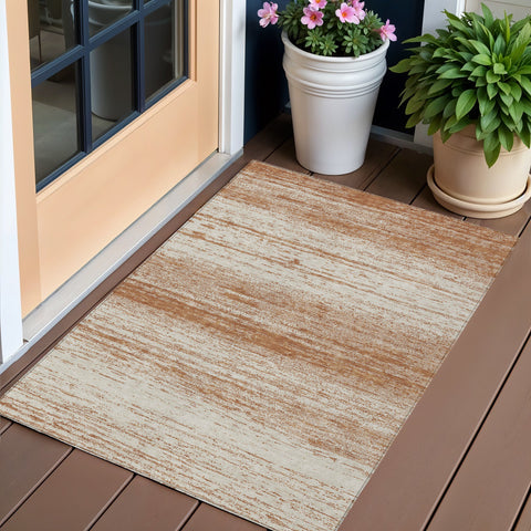 3' X 5' Orange And Beige Striped Washable Indoor Outdoor Area Rug