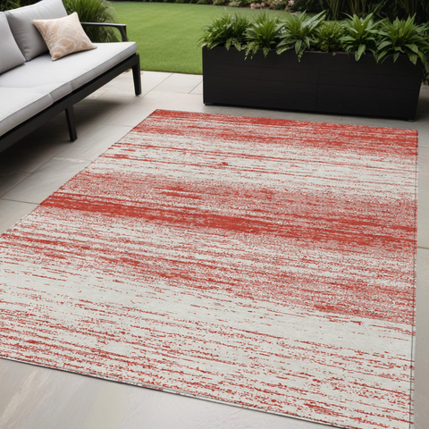 5' X 8' Red And Ivory Striped Washable Indoor Outdoor Area Rug