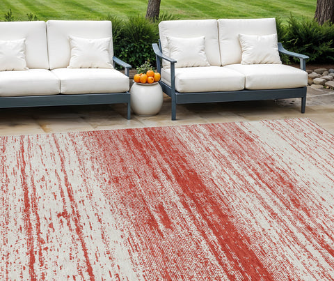 8' X 10' Red And Ivory Striped Washable Indoor Outdoor Area Rug