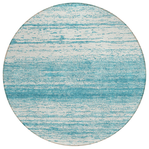 8' Teal Blue And Ivory Round Striped Washable Indoor Outdoor Area Rug