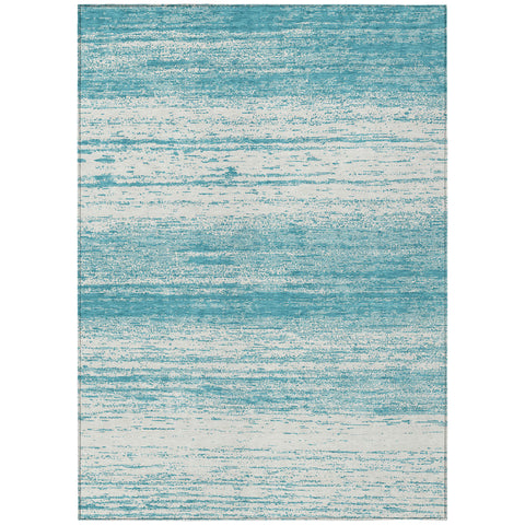 8' X 10' Teal Blue And Ivory Striped Washable Indoor Outdoor Area Rug