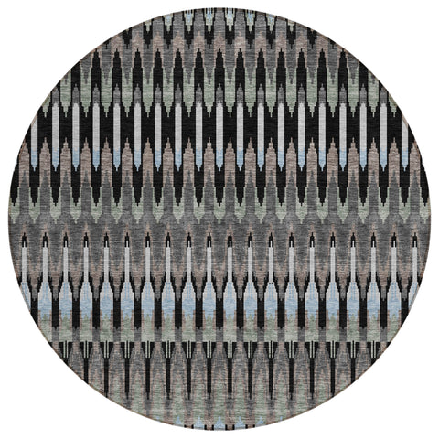 8' Black Gray And Blue Round Southwestern Washable Indoor Outdoor Area Rug