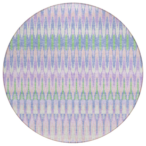 8' Lavender Pink And Lime Green Round Southwestern Washable Indoor Outdoor Area Rug