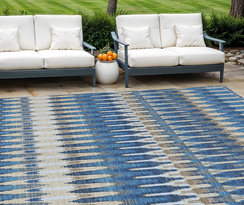 8' X 10' Navy Blue Denim Blue And Ivory Southwestern Washable Indoor Outdoor Area Rug