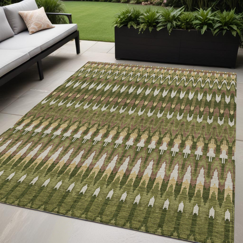 5' X 8' Olive Green Brown And Gold Southwestern Washable Indoor Outdoor Area Rug