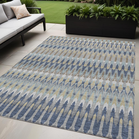 5' X 8' Taupe Navy Blue And Denim Blue Southwestern Washable Indoor Outdoor Area Rug