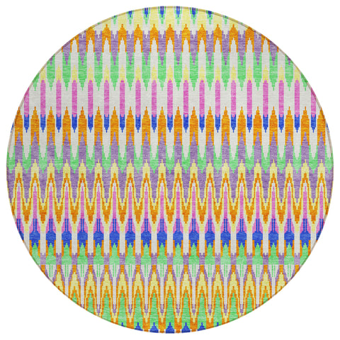 8' White Blue And Pink Round Southwestern Washable Indoor Outdoor Area Rug