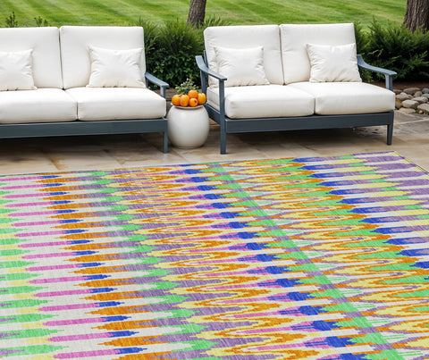 8' X 10' White Blue And Pink Southwestern Washable Indoor Outdoor Area Rug