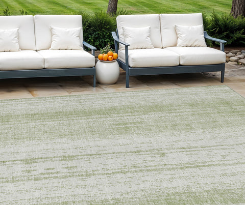 8' X 10' Artichoke Green And Ivory Striped Washable Indoor Outdoor Area Rug
