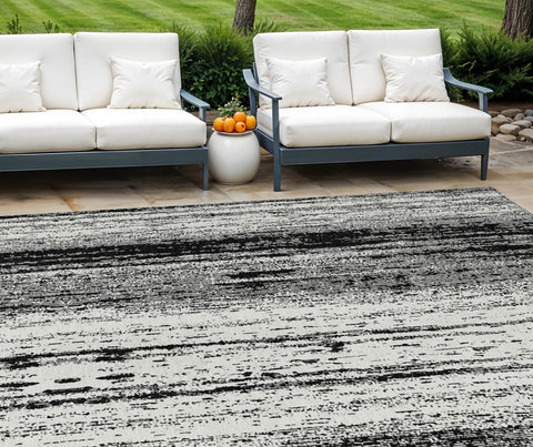 8' X 10' Black And Ivory Striped Washable Indoor Outdoor Area Rug