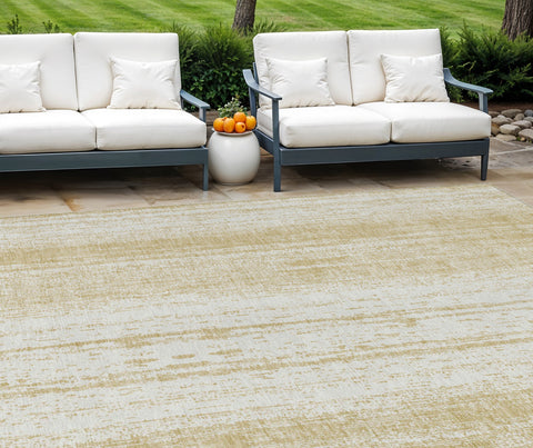 8' X 10' Gold And Ivory Striped Washable Indoor Outdoor Area Rug